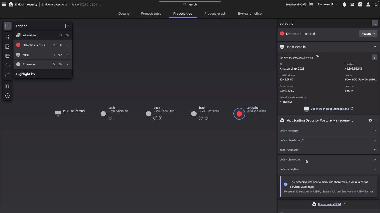 Figure 2. Application context shown on a detection in the Falcon console with linkable violations and dependencies