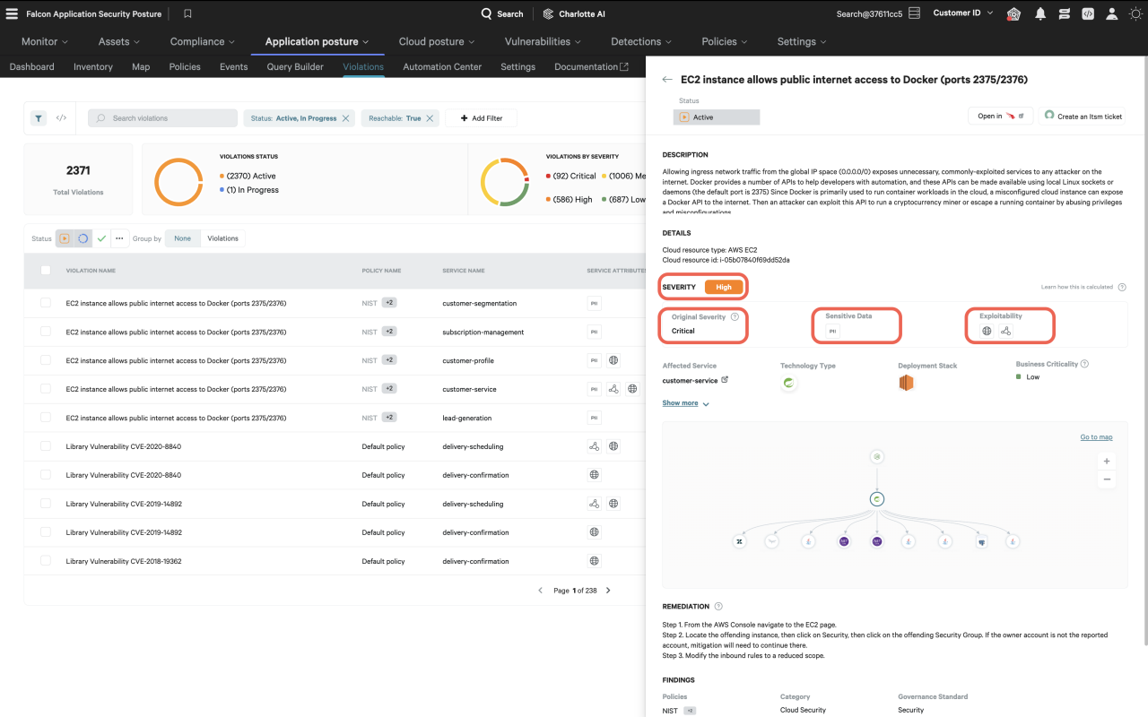 Figure 3. Original severity of an IOM is contextualized with ASPM insights in the Falcon Application Security Posture Management console