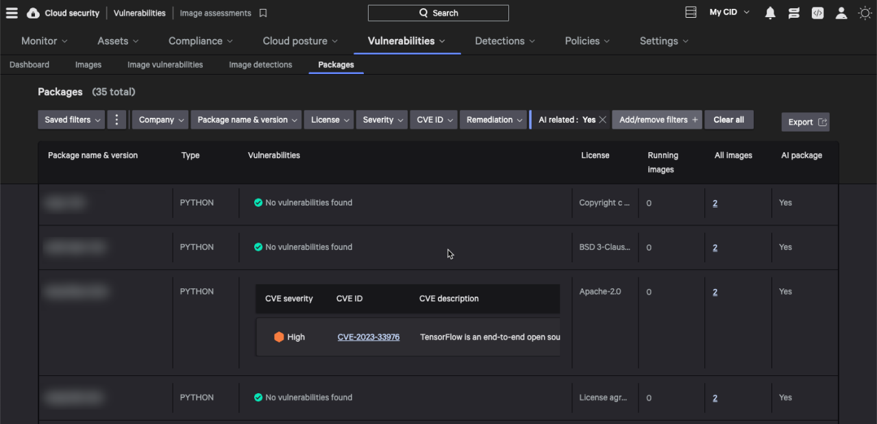 Figure 1. The Falcon Cloud Security Console Image Assessment Packages page tells users which packages have AI components and where those are used.
