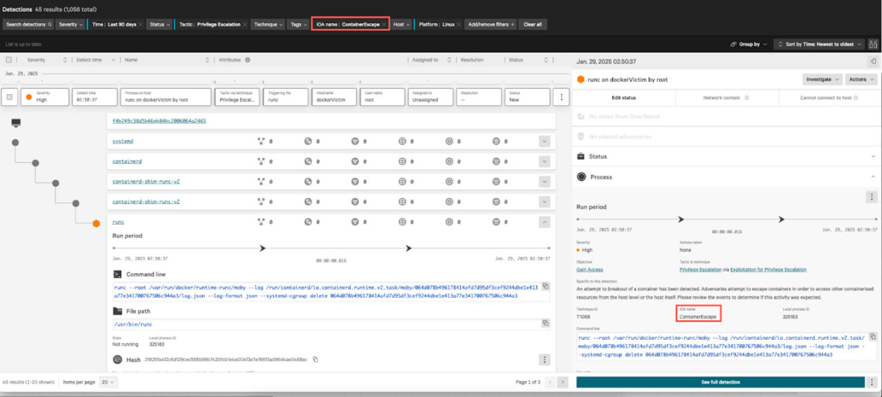 Figure 4. Falcon Cloud Security container escape detection 