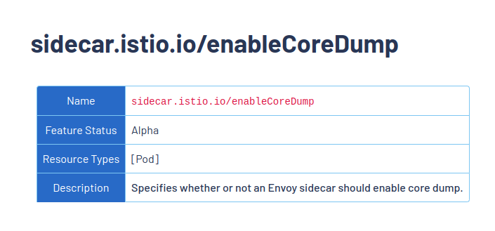 Figure 2. enableCoreDump definition from the official Istio documentation