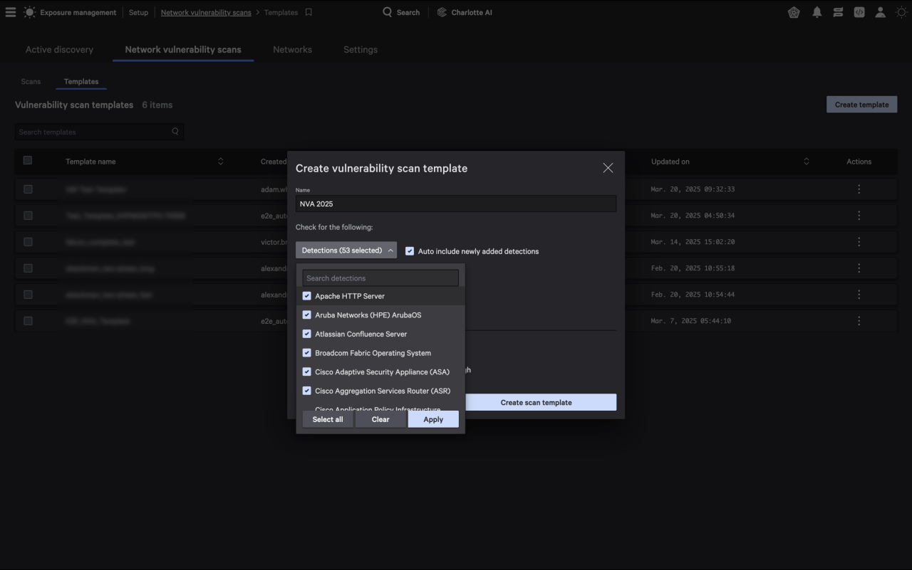 Figure 1. Falcon Exposure Management network vulnerability scan template with detections
