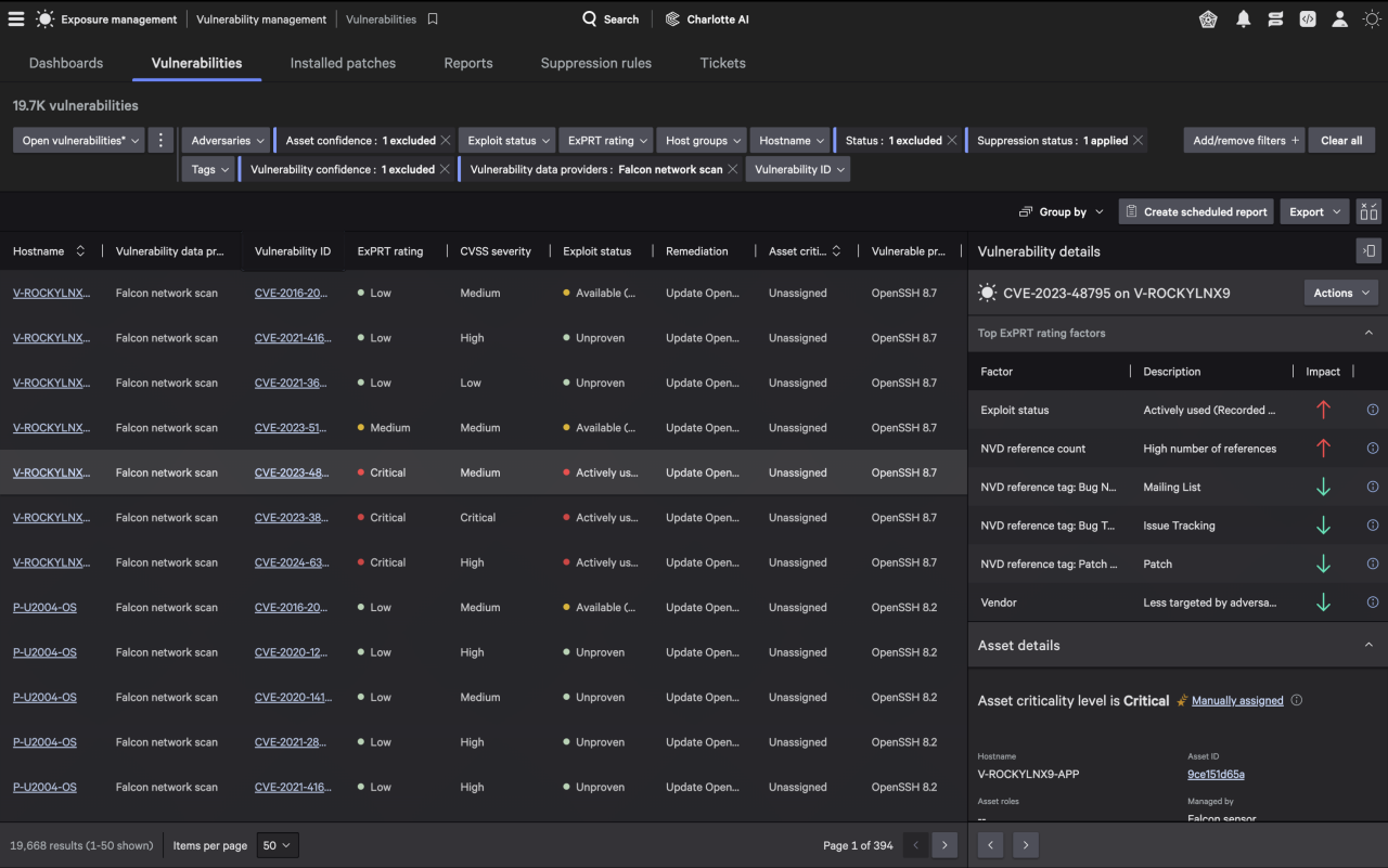 Figure 3. Falcon Exposure Management vulnerability results with ExPRT.AI