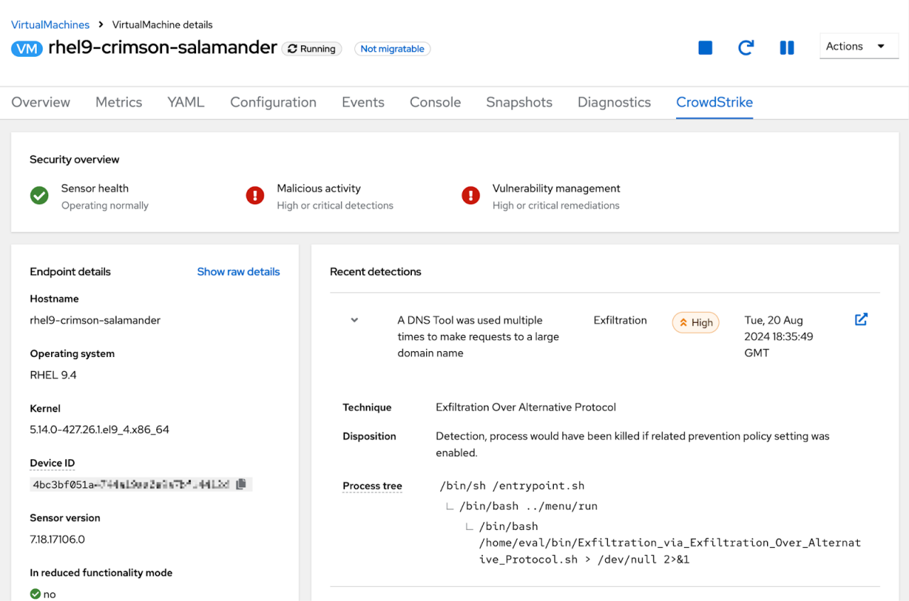 Figure 1. The extension to the VirtualMachine page provides an immediate overview of recent security findings, helping ITOps teams understand their system’s security posture and coordinate with security analysts. Remediations for fixable vulnerabilities, prioritized by severity score, are also shown but not included in this screenshot.