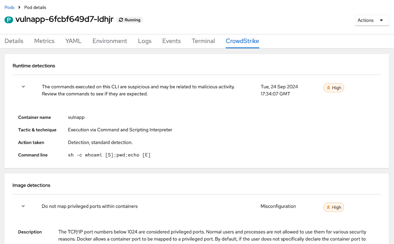 Figure 2. The extension to the Pod details page outlines recent runtime detections that occurred inside the pod’s containers, as well as image misconfiguration details to guide DevOps teams toward a fix. Image vulnerabilities, their severities, and exploitability status are also shown but not included in this screenshot.